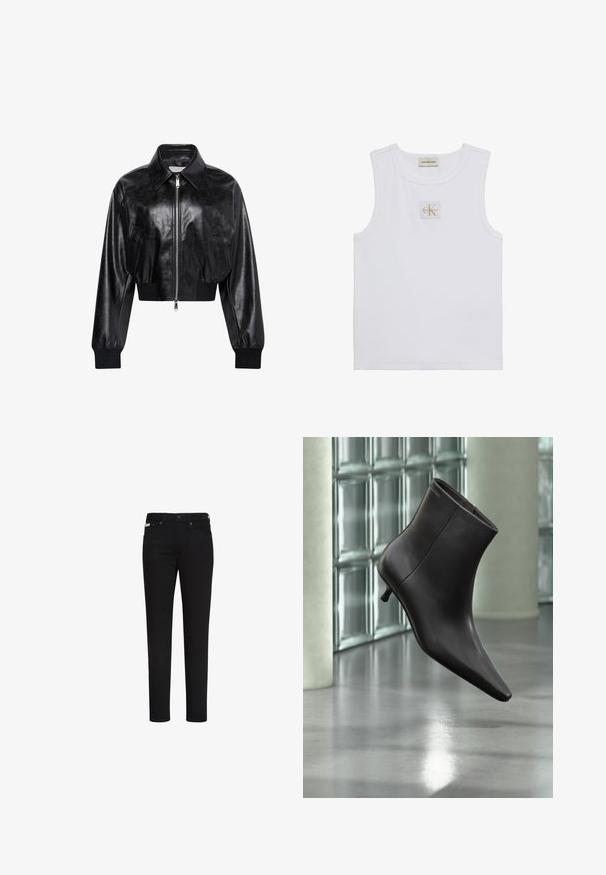 Sort skinnende cropped bomberjakke med fuld frontlynlås, to sidelommer, bred krave samt ribstrikkede ærmegab og taljebånd.; Hvid ærmeløs tanktop med Calvin Klein Jeans-label på brystet og en label nær halsudskæringen på en ensfarvet hvid baggrund.; Sorte slim-fit jeans med knap og lynlås foran, med for- og baglommer samt et lille mærke på den højre forlomme.; Sort læderankelstøvle med spids tå og lille hæl vist mod en væg af glasblokke og poleret gulv baggrund.