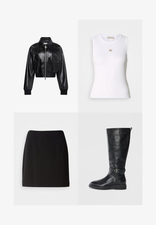 Chaqueta bomber corta negra brillante con cremallera completa en el frente, dos bolsillos laterales, cuello ancho y puños y cintura de punto elástico.; Camiseta sin mangas blanca con canalé y etiqueta de Calvin Klein Jeans en el pecho y etiqueta interior en el cuello.; Falda negra con una silueta ajustada, hecha de una tela suave. Presenta sutiles pliegues frontales y un diseño de longitud a mitad del muslo.; Bota de cuero negro hasta la rodilla con tacón bajo, punta redonda y correa con hebilla metálica de logo "CK" alrededor del tobillo.