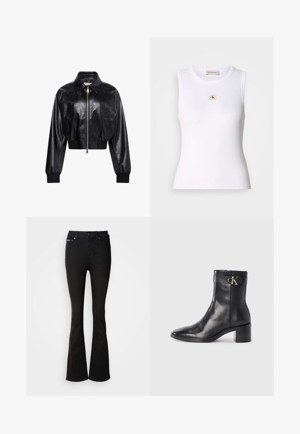 Schwarze glänzende kurze Bomberjacke mit durchgehendem Frontreißverschluss, zwei Seitentaschen, breitem Kragen sowie gerippten Bündchen und Bund.; Weißes geripptes ärmelloses Tanktop mit Calvin Klein Jeans-Label auf der Brust und innerem Nackenetikett.; Schwarze Schlagjeans aus Denim, mit hoher Taille, Fünf-Taschen-Design und dezenten Nähdetails. Glatte Textur in einfarbig.; Schwarze Leder-Ankle Boots mit spitzem Zehenbereich, Blockabsatz und einem Riemen mit einem metallischen Logodetail. Glatte Textur und minimales Design.