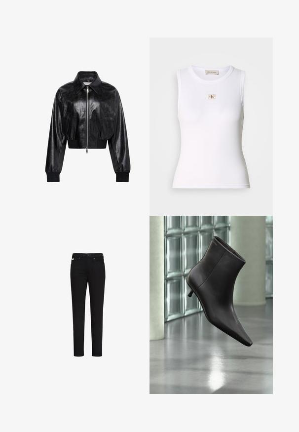 Chaqueta bomber corta negra brillante con cremallera completa en el frente, dos bolsillos laterales, cuello ancho y puños y cintura de punto elástico.; Camiseta sin mangas blanca con canalé y etiqueta de Calvin Klein Jeans en el pecho y etiqueta interior en el cuello.; Vaqueros negros de corte ajustado con botón y cremallera delanteros, con bolsillos delanteros y traseros y una pequeña etiqueta en el bolsillo delantero derecho.; Bota de cuero negro para el tobillo con puntera puntiaguda y tacón pequeño, exhibida frente a una pared de bloques de vidrio y un suelo pulido.