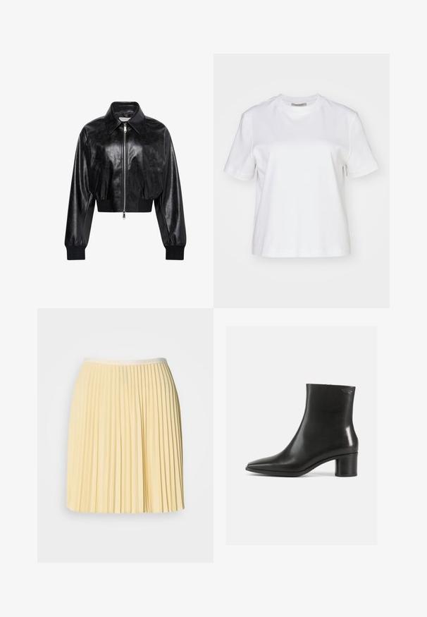Sort skinnende cropped bomberjakke med fuld frontlynlås, to sidelommer, bred krave samt ribstrikkede ærmegab og taljebånd.; AllSaints LISA TEE - T-shirts basic - white; Lys gul, plisseret nederdel med en talje der har Lacoste-logoet. Fremstillet af letvægtsmateriale, har den et flydende design og en glat tekstur.; Sort læderankelstøvle med spids tå og en mellemhøj blokhælk. Glat tekstur og minimalistisk design. Ingen synligt hardware.