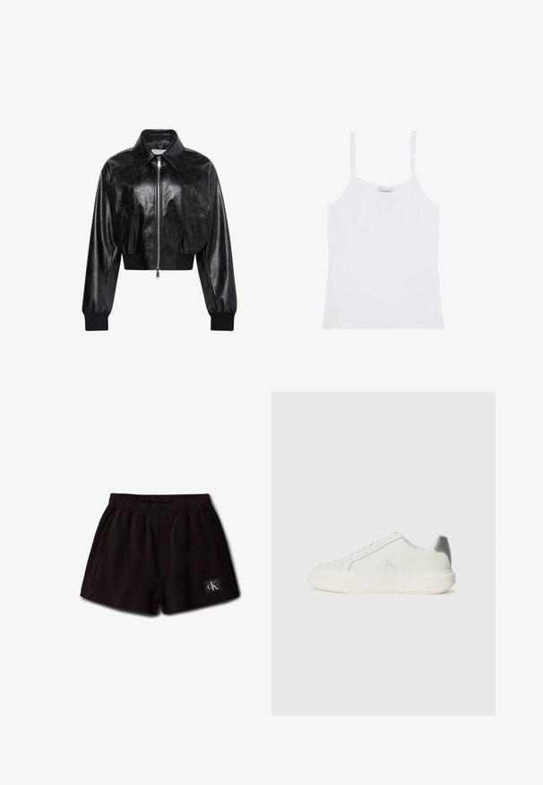 Veste bomber courte noire brillante avec fermeture éclair intégrale à l'avant, deux poches latérales, large col et poignets et ceinture côtelés.; Débardeur blanc Calvin Klein pour femme avec fines bretelles et design simple et ajusté.; Shorts noirs à taille élastique avec poches latérales et un petit logo Calvin Klein sur l'avant en bas à gauche.; Baskets blanches en cuir avec une texture lisse, présentant un accent argenté sur le talon, une semelle plate et un design minimaliste.