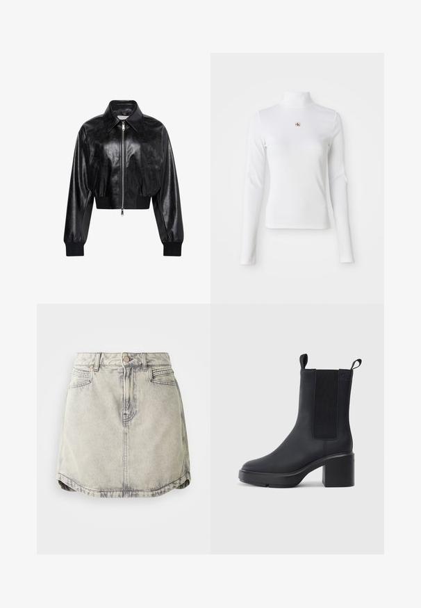 Sort skinnende cropped bomberjakke med fuld frontlynlås, to sidelommer, bred krave samt ribstrikkede ærmegab og taljebånd.; Langærmet, hvid turtleneck-top lavet af ribbet materiale. Har et lille broderet logo i midten. Tæt pasform uden mønstre.; Denim nederdel i lys grå med en falmet tekstur, der har en knappet talje, forlommer og en let buet sømdesign.; Sorte ankelstøvler i glat gummimateriale, med elastiske sidepaneler, blokhæle og trækskilt øverst for nem påtagning.