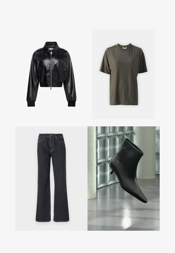 Schwarze glänzende kurze Bomberjacke mit durchgehendem Frontreißverschluss, zwei Seitentaschen, breitem Kragen sowie gerippten Bündchen und Bund.; Olivegrünes Kurzarm-T-Shirt mit rundem Ausschnitt, welches ein durchgängiges Punktmuster aufweist, hergestellt aus einem glatten, leichten Stoff.; Dunkelblaue Schlagjeans mit hoher Taille, goldenen Nähten, fünf Taschen und Knopfverschluss. Glatte Textur, gerades Bein Design.; Schwarzer Leder-Stiefelette mit spitzer Zehenpartie und niedrigem Kitten-Heel, schräg dargestellt vor einem polierten Boden und einer Glasbausteinwand.