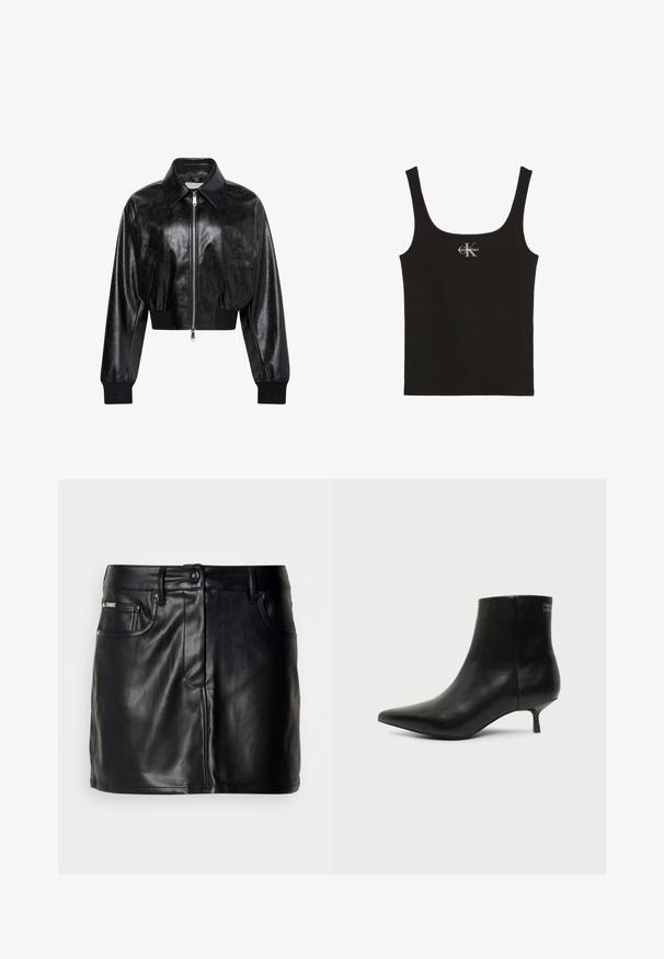 Chaqueta bomber corta negra brillante con cremallera completa en el frente, dos bolsillos laterales, cuello ancho y puños y cintura de punto elástico.; Camiseta de tirantes negra con textura acanalada, tirantes anchos y logo de Calvin Klein en blanco en el centro del pecho, sobre fondo blanco.; Falda mini de cuero negro con un diseño a medida, que presenta bolsillos delanteros, un cierre de botón y una textura suave.; Botín de piel negra con puntera puntiaguda y tacón bajo estilo kitten sobre fondo claro, mostrando vista lateral exterior.