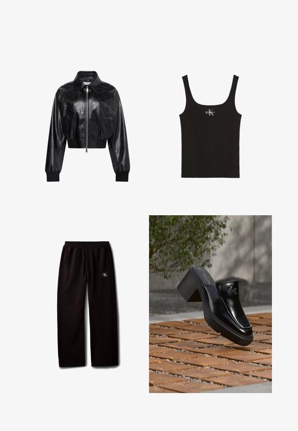 Chaqueta bomber corta negra brillante con cremallera completa en el frente, dos bolsillos laterales, cuello ancho y puños y cintura de punto elástico.; Camiseta de tirantes negra con textura acanalada, tirantes anchos y logo de Calvin Klein en blanco en el centro del pecho, sobre fondo blanco.; Pantalones negros de pierna ancha con cintura elástica y bolsillos laterales, con un pequeño parche con el logo de Calvin Klein en el muslo derecho.; Mule tipo slip-on de cuero negro de Calvin Klein con tacón de bloque descansando sobre baldosas de madera al aire libre cerca de una planta verde y una pared gris.