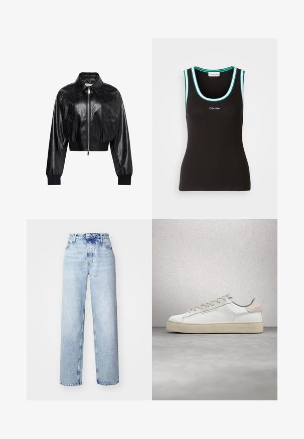 Veste bomber courte noire brillante avec fermeture éclair intégrale à l'avant, deux poches latérales, large col et poignets et ceinture côtelés.; Débardeur noir avec une texture côtelée, des emmanchures larges et un col rond. Accentué de bordures teal et blanches. Logo affiché sur le devant.; Jeans taille haute bleu clair avec une coupe ample, mettant en avant des jambes droites, cinq poches et une fermeture classique à boutons et zip.; Sneaker en cuir blanc avec une finition lisse, accents en suède beige, bout arrondi, design à lacets plats et semelle en caoutchouc texturée.