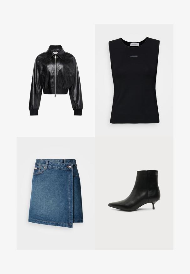 Sort skinnende cropped bomberjakke med fuld frontlynlås, to sidelommer, bred krave samt ribstrikkede ærmegab og taljebånd.; Sort ærmeløs top lavet af glat stof. Har en rund halsudskæring og et lille Calvin Klein-logo i midten. Simpelt og tætsiddende design.; Denim nederdel i mellemblå med wrap-design, der har en knap- og lynlåslukning, samt synlig stikning langs kanten.; Sort læder ankelstøvle med spids tå og lav kitten hæl på lys baggrund, der viser yderside.