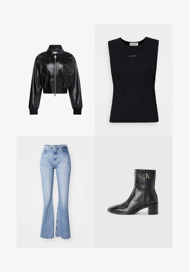 Veste bomber courte noire brillante avec fermeture éclair intégrale à l'avant, deux poches latérales, large col et poignets et ceinture côtelés.; Top sans manches noir en tissu lisse. Doté d'un col rond et d'un petit logo Calvin Klein au centre. Design simple et ajusté.; Jean flare bleu clair en denim, avec taille haute, design à cinq poches et légères décolorations le long des jambes.; Botte de cheville en cuir noir avec un bout pointu, un talon carré et une sangle avec un détail de logo métallique. Texture lisse et design minimaliste.