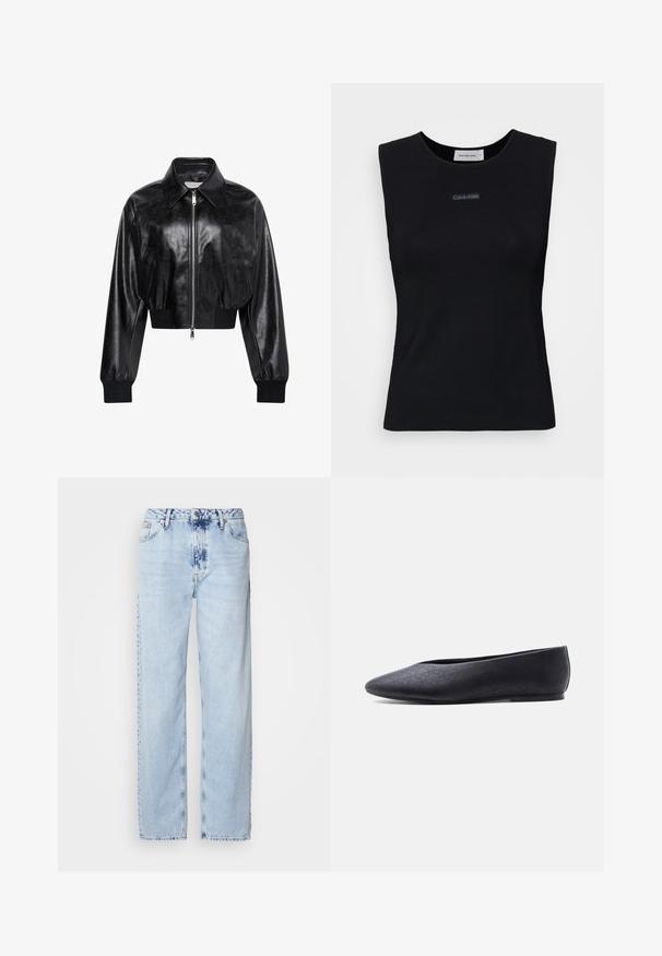 Veste bomber courte noire brillante avec fermeture éclair intégrale à l'avant, deux poches latérales, large col et poignets et ceinture côtelés.; Top sans manches noir en tissu lisse. Doté d'un col rond et d'un petit logo Calvin Klein au centre. Design simple et ajusté.; Jeans large bleus clairs en denim, avec une taille haute, un lavage décoloré et un motif tie-dye subtil à l'avant.; Chaussure de ballet plate noire à bout pointu avec un motif perforé subtil, vue de côté sur fond blanc uni.