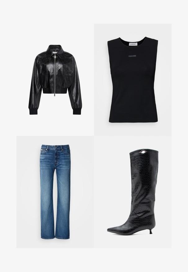 Zwart glanzend cropped bomberjack met volledige voorrits, twee zijzakken, brede kraag en geribde manchetten en tailleband.; Zwart mouwloos topje gemaakt van gladde stof. Heeft een ronde halslijn en een klein Calvin Klein-logo in het midden. Eenvoudig en aansluitend ontwerp.; Lichtblauwe, wijde jeans van denim; beschikt over een knoopsluiting, zijzakken en een subtiele vervagingspatroon op de stof.; Zwart kniehoge laarzen van glanzend krokodillenembossed leer, met een spitse neus en een kleine kittenheel, en een hoekige zilveren accent aan de bovenkant.