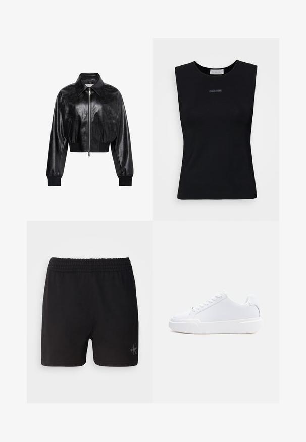 Zwart glanzend cropped bomberjack met volledige voorrits, twee zijzakken, brede kraag en geribde manchetten en tailleband.; Zwart mouwloos topje gemaakt van gladde stof. Heeft een ronde halslijn en een klein Calvin Klein-logo in het midden. Eenvoudig en aansluitend ontwerp.; Zwarte katoenen shorts met een elastische tailleband en het Calvin Klein-logo in zilver in de rechteronderhoek. Gladde textuur.; Witte lage sneaker met vetersluiting, dikke zool en glad bovenwerk, gezien vanaf de buitenkant tegen een effen lichte achtergrond.
