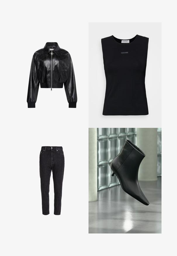 Sort skinnende cropped bomberjakke med fuld frontlynlås, to sidelommer, bred krave samt ribstrikkede ærmegab og taljebånd.; Sort ærmeløs top lavet af glat stof. Har en rund halsudskæring og et lille Calvin Klein-logo i midten. Simpelt og tætsiddende design.; Sorte denim jeans med høj talje, tapered ben og et klassisk fem-lomme design. Stofteksturen er let struktureret og robust.; Sort læderankelstøvle med spids tå og lav kitten-hæ, vist vinklet mod en poleret gulv- og glasblokvæg.