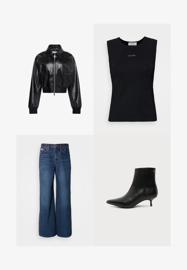 Μαύρο λαμπερό cropped bomber μπουφάν με ολόκληρο μπροστινό φερμουάρ, δύο πλαϊνές τσέπες, φαρδύ γιακά και ριμπ μανσέτες και ζώνη στη μέση.; Μαύρη αμάνικη μπλούζα από λείο ύφασμα. Διαθέτει στρογγυλή λαιμόκοψη και ένα μικρό λογότυπο της Calvin Klein στο κέντρο. Απλός και εφαρμοστός σχεδιασμός.; Jeans με φαρδιά μπατζάκια από σκούρο μπλε τζιν. Τα χαρακτηριστικά περιλαμβάνουν ψηλή μέση, πέντε τσέπες και αντίθετη πορτοκαλί ραφή κατά μήκος των ραφών.; Μαύρο δερμάτινο μποτάκι γύρω από τον αστράγαλο με μυτερή μύτη και χαμηλό τακούνι σε ανοιχτό φόντο, εμφανίζει την εξωτερική πλευρά.