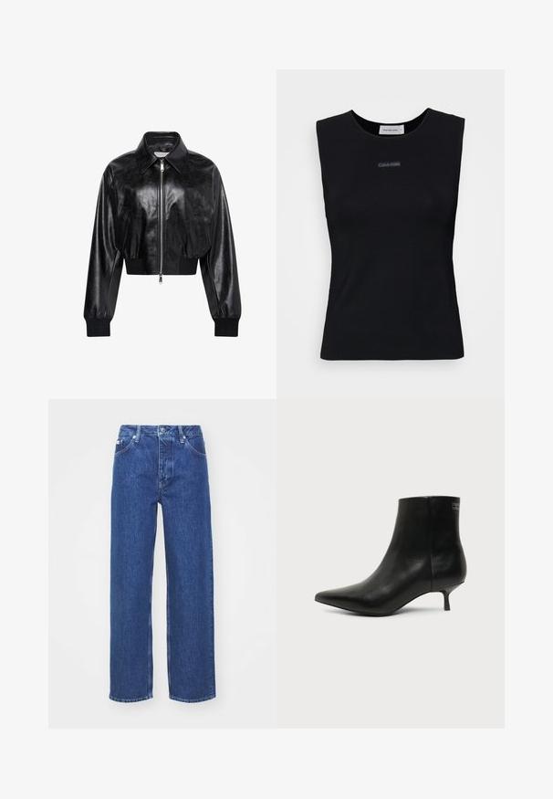 Zwart glanzend cropped bomberjack met volledige voorrits, twee zijzakken, brede kraag en geribde manchetten en tailleband.; Zwart mouwloos topje gemaakt van gladde stof. Heeft een ronde halslijn en een klein Calvin Klein-logo in het midden. Eenvoudig en aansluitend ontwerp.; Blauwe denim wijde benen jeans met een hoge taille, voorzien van een rits en knoopsluiting, riemlussen en subtiele vervagingdetails op de stof.; Zwart leren enkellaars met puntige neus en lage kittenhak op lichte achtergrond, zijaanzicht buitenkant.