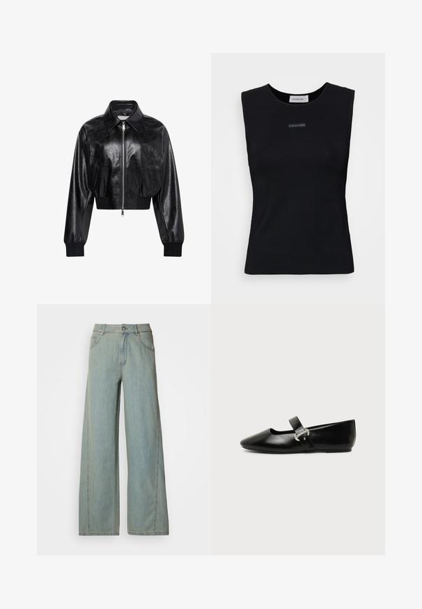 Zwart glanzend cropped bomberjack met volledige voorrits, twee zijzakken, brede kraag en geribde manchetten en tailleband.; Zwart mouwloos topje gemaakt van gladde stof. Heeft een ronde halslijn en een klein Calvin Klein-logo in het midden. Eenvoudig en aansluitend ontwerp.; Lichtblauwe rechte jeans van denim, met een knoop- en ritssluiting, vijf zakken en contrasterende stikseldetails.; Zwarte leren Mary Jane platte schoen met een afgeronde neus en zilveren gespsluiting op een effen achtergrond.