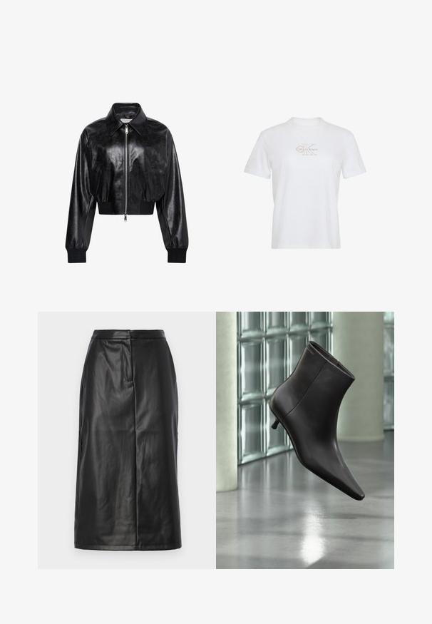 Chaqueta bomber corta negra brillante con cremallera completa en el frente, dos bolsillos laterales, cuello ancho y puños y cintura de punto elástico.; Camiseta blanca de algodón con mangas cortas, cuello redondo y un logo de Calvin Klein en dorado impreso en el frente.; Falda de cuero negra con una silueta ajustada, que presenta una textura suave, diseño de longitud media y detalles de costura sutiles. Sin acentos de herrajes.; Bota de cuero negro para el tobillo con puntera puntiaguda y tacón pequeño, exhibida frente a una pared de bloques de vidrio y un suelo pulido.