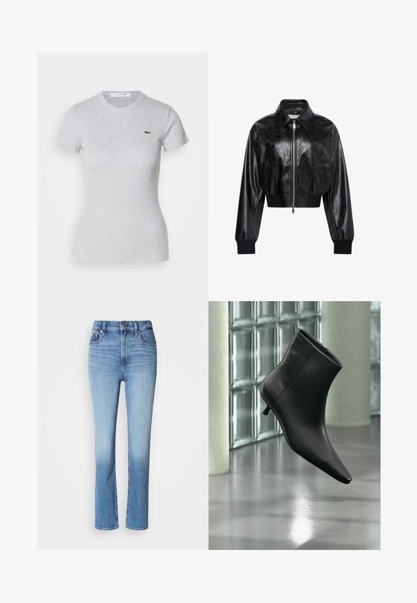 Chaqueta bomber corta negra brillante con cremallera completa en el frente, dos bolsillos laterales, cuello ancho y puños y cintura de punto elástico.; Camiseta ajustada de manga corta en gris claro con cuello redondo y un pequeño logotipo de cocodrilo verde de Lacoste en el lado izquierdo del pecho.; Vaqueros de mezclilla azul con cintura alta, diseño de pierna recta, degradado de color desgastado y estilo de cinco bolsillos. Cierre de botón metálico y cremallera.; Botín negro de cuero con punta puntiaguda y tacón bajo estilo kitten, mostrado en ángulo sobre un suelo pulido y con una pared de bloques de vidrio de fondo.