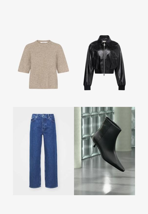 Veste bomber courte noire brillante avec fermeture éclair intégrale à l'avant, deux poches latérales, large col et poignets et ceinture côtelés.; Pull léger beige à manches courtes en tricot doux, avec un col rond et une coupe décontractée. La texture est légèrement duveteuse.; Jeans en denim bleu à jambe large avec taille haute, dotés d'un zip et d'une fermeture à bouton, de passants de ceinture et de détails légèrement décolorés sur le tissu.; Bottine en cuir noir à bout pointu et petit talon kitten, présentée en angle devant un sol poli et un mur en blocs de verre.