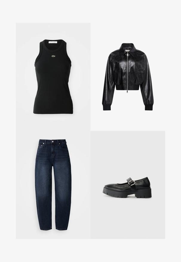 Zwart glanzend cropped bomberjack met volledige voorrits, twee zijzakken, brede kraag en geribde manchetten en tailleband.; Zwart mouwloos geribbeld tanktop met een ronde hals en een klein groen Lacoste krokodillenlogo gecentreerd onder de halslijn.; Donkerblauwe denim jeans met een ontspannen pasvorm, voorzien van een hoge taille, rechte pijpen en klassiek ontwerp met vijf zakken.; Zwarte leren Mary Jane schoenen met een chunky plateauzool, ronde neus en zijgespsluiting. Glad uiterlijk met minimale stiksels.