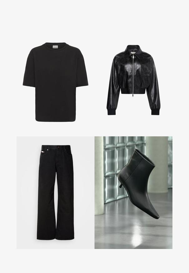 Veste bomber courte noire brillante avec fermeture éclair intégrale à l'avant, deux poches latérales, large col et poignets et ceinture côtelés.; T-shirt noir à manches courtes, coupe ample, avec col rond et étiquette blanche visible à l'intérieur du col portant l'inscription "GESTUZ".; Jean large noir en coton. Présente des poches avant, une fermeture à bouton, et une texture denim classique. Design minimaliste sans motifs.; Bottine en cuir noir à bout pointu et petit talon kitten, présentée en angle devant un sol poli et un mur en blocs de verre.