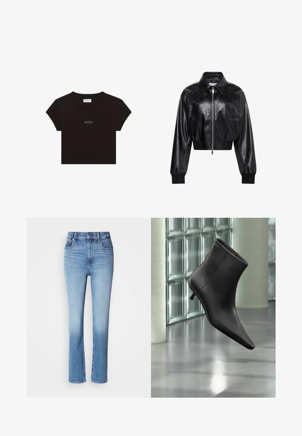 Sort skinnende cropped bomberjakke med fuld frontlynlås, to sidelommer, bred krave samt ribstrikkede ærmegab og taljebånd.; Sort kortærmet crop top med rund halsudskæring og lille hvid "Calvin Klein" logo tekst centreret på brystet.; Blå denimjeans med høj talje, lige ben-design, falmede farvegradient og fem-lomme stil. Metalknap- og lynlås-lukning.; Sort læderankelstøvle med spids tå og lille hæl vist mod en væg af glasblokke og poleret gulv baggrund.