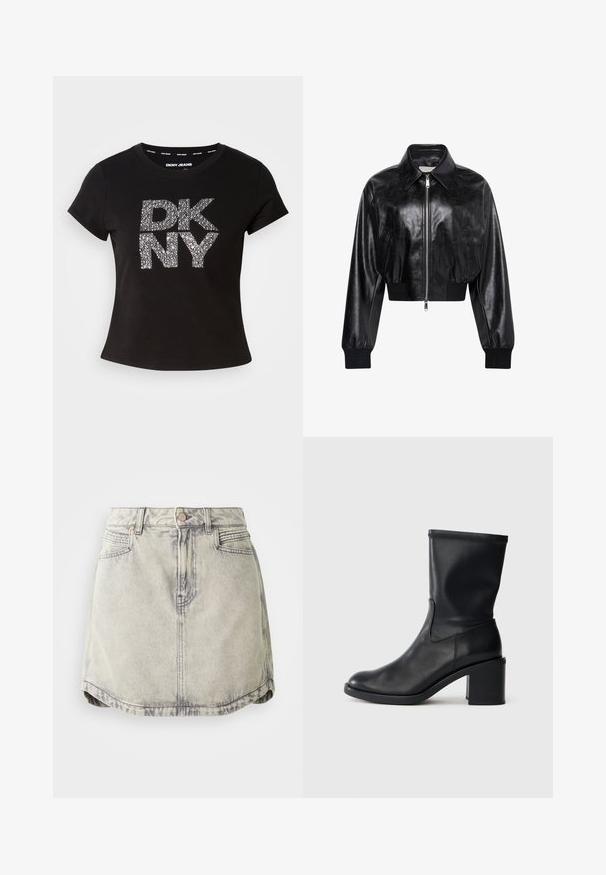 Chaqueta bomber corta negra brillante con cremallera completa en el frente, dos bolsillos laterales, cuello ancho y puños y cintura de punto elástico.; Camiseta negra de manga corta con un logo texturizado en plata metálica "DKNY" en el frente. Hecha de una tela suave con un cuello redondo.; Falda de denim en gris claro con textura desgastada, que cuenta con una cinturilla abotonada, bolsillos frontales y un dobladillo ligeramente curvado.; Botín negro de cuero hasta el tobillo con punta redonda, textura suave y tacón grueso, que presenta un eje ajustado y un sutil detalle de costura.