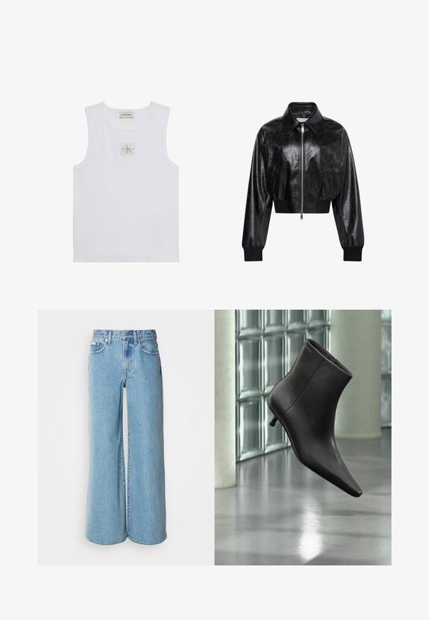 Veste bomber courte noire brillante avec fermeture éclair intégrale à l'avant, deux poches latérales, large col et poignets et ceinture côtelés.; Débardeur blanc sans manches avec étiquette Calvin Klein Jeans sur la poitrine et une étiquette près de l'encolure sur fond blanc uni.; Jean large bleu clair en denim, avec une taille haute, un design à cinq poches et un léger dégradé sur le tissu.; Bottine en cuir noir avec bout pointu et petit talon, présentée devant un mur en blocs de verre et un sol poli.