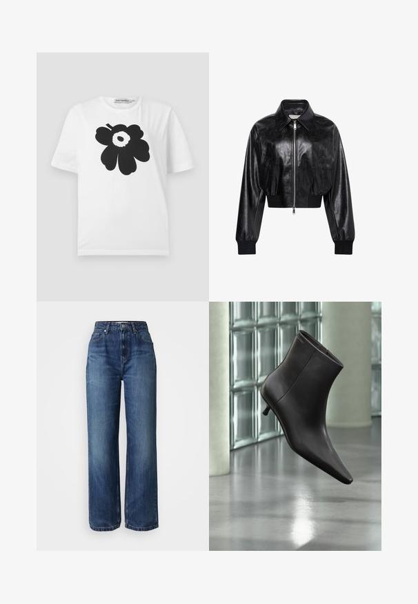 Veste bomber courte noire brillante avec fermeture éclair intégrale à l'avant, deux poches latérales, large col et poignets et ceinture côtelés.; T-shirt en coton blanc avec un motif floral noir comprenant des pétales arrondis et un point central, manches courtes et col rond.; Jean en denim bleu à jambes larges et taille haute, avec un style classique à cinq poches et un léger délavage. Finition avec une fermeture éclair et un bouton.; Bottine en cuir noir avec bout pointu et petit talon, présentée devant un mur en blocs de verre et un sol poli.
