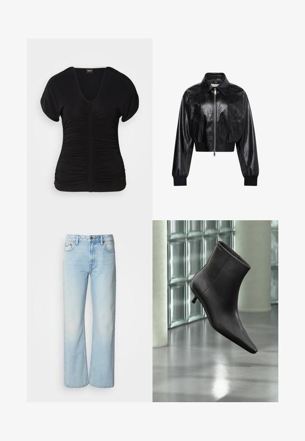 Veste bomber courte noire brillante avec fermeture éclair intégrale à l'avant, deux poches latérales, large col et poignets et ceinture côtelés.; Haut noir à manches courtes avec un décolleté en V et une texture froncée sur le devant, fabriqué en tissu extensible. Il présente un ourlet droit.; Jeans à jambes larges bleu clair en denim, présentant un design classique à cinq poches et une texture légèrement décolorée. La couture en denim est visible.; Bottine en cuir noir avec bout pointu et petit talon, présentée devant un mur en blocs de verre et un sol poli.