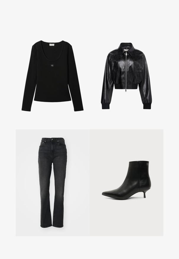 Chaqueta bomber corta negra brillante con cremallera completa en el frente, dos bolsillos laterales, cuello ancho y puños y cintura de punto elástico.; Top negro de manga larga acanalado con escote redondo y pequeño parche con el logo de Calvin Klein centrado en el pecho.; Jeans de mezclilla negros de tiro alto con piernas rectas, diseño de cinco bolsillos, cierre frontal con botón y detalles de costura mínimos.; Botín de piel negra con puntera puntiaguda y tacón bajo estilo kitten sobre fondo claro, mostrando vista lateral exterior.