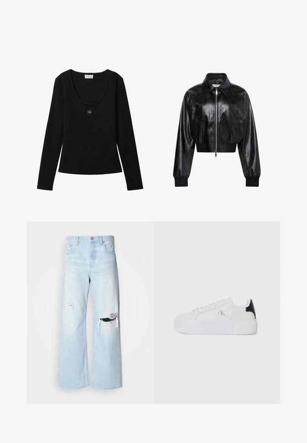 Sort skinnende cropped bomberjakke med fuld frontlynlås, to sidelommer, bred krave samt ribstrikkede ærmegab og taljebånd.; Sort langærmet ribbet top med rund halsudskæring og lille Calvin Klein logo patch centreret på brystet.; Lyseblå brede jeans lavet af denim, med høj talje, store revner ved knæene og et klassisk fem-lomme design med kobberhardware.; Calvin Klein Jeans FLATFORM LACE UP - Sneakers - bright white/black