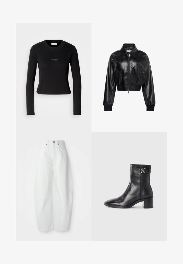 Sort skinnende cropped bomberjakke med fuld frontlynlås, to sidelommer, bred krave samt ribstrikkede ærmegab og taljebånd.; Sort langærmet top med en tætsiddende design og et lille Calvin Klein-logo på brystet, præsenteret mod en hvid baggrund.; Højtaljede hvide denimbukser med løs pasform. Har en knaplukning, sidelommer og et minimalistisk design. Glat tekstur.; Sort læder ankelstøvle med spids tå, blokhæl og en rem med en metallisk logo detalje. Glat tekstur og minimalistisk design.