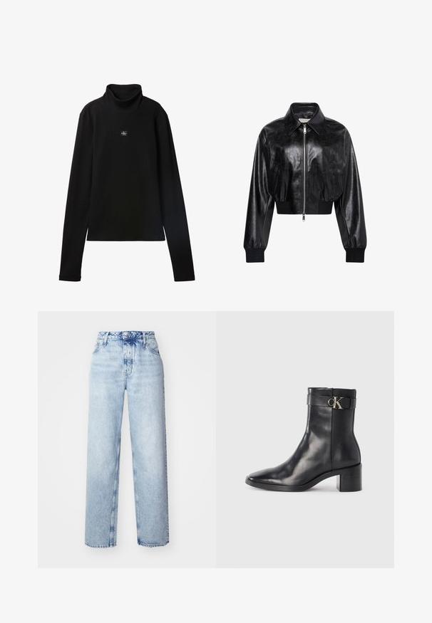Sort skinnende cropped bomberjakke med fuld frontlynlås, to sidelommer, bred krave samt ribstrikkede ærmegab og taljebånd.; Sort ribstrikket bluse med lange ærmer og lille firkantet Calvin Klein-logo placeret centralt på brystet.; Lyseblå højtaljede jeans med løs pasform, der har lige ben, fem lommer og en klassisk knap- og lynlåslukning.; Sort læder ankelstøvle med spids tå, blokhæl og en rem med en metallisk logo detalje. Glat tekstur og minimalistisk design.