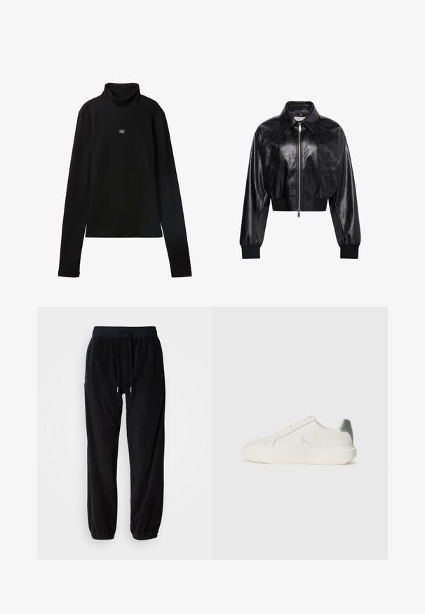 Chaqueta bomber corta negra brillante con cremallera completa en el frente, dos bolsillos laterales, cuello ancho y puños y cintura de punto elástico.; Top negro de cuello alto acanalado de manga larga con un pequeño parche cuadrado con el logo de Calvin Klein centrado en el pecho.; Joggers de forro polar negro con cintura elástica, cordón ajustable y piernas ajustadas. Tela texturizada con bolsillos laterales.; Zapatilla blanca de cuero con textura suave, que presenta un acento plateado en el talón, suela plana y un diseño minimalista.