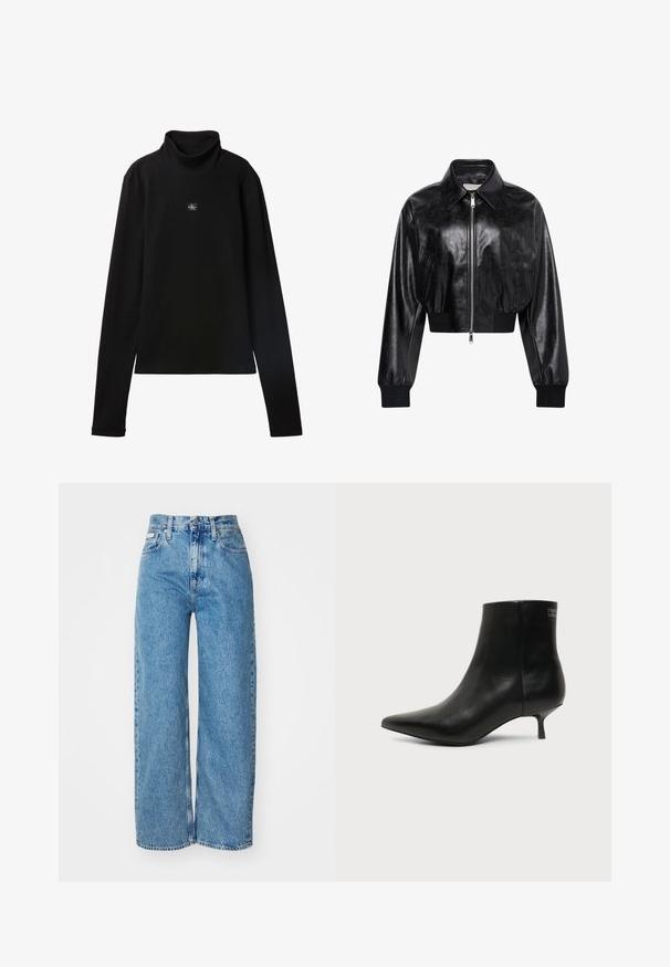 Chaqueta bomber corta negra brillante con cremallera completa en el frente, dos bolsillos laterales, cuello ancho y puños y cintura de punto elástico.; Top negro de cuello alto acanalado de manga larga con un pequeño parche cuadrado con el logo de Calvin Klein centrado en el pecho.; Jeans de mezclilla de pernera ancha en azul claro con cintura alta, dobladillo deshilachado y diseño de cinco bolsillos. La textura desgastada añade profundidad a la tela.; Botín de piel negra con puntera puntiaguda y tacón bajo estilo kitten sobre fondo claro, mostrando vista lateral exterior.