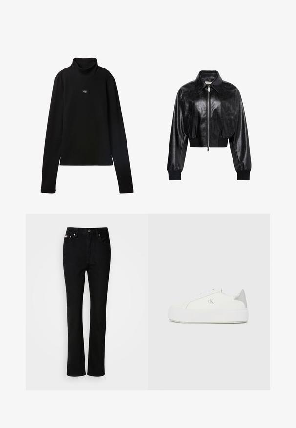 Chaqueta bomber corta negra brillante con cremallera completa en el frente, dos bolsillos laterales, cuello ancho y puños y cintura de punto elástico.; Top negro de cuello alto acanalado de manga larga con un pequeño parche cuadrado con el logo de Calvin Klein centrado en el pecho.; Vaqueros negros de pierna recta con botón y cremallera en la parte delantera, pasadores para cinturón y estilo de cinco bolsillos.; Zapatillas de lona blancas con una suela blanca gruesa, presentan un acento metálico plateado en el talón y un sutil detalle del logo en el lateral.