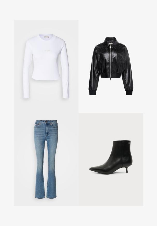 Μαύρο λαμπερό cropped bomber μπουφάν με ολόκληρο μπροστινό φερμουάρ, δύο πλαϊνές τσέπες, φαρδύ γιακά και ριμπ μανσέτες και ζώνη στη μέση.; Άσπρο κοντό μπλουζάκι με μακριά μανίκια, που διαθέτει μια διακριτική λογότυπο Calvin Klein στο κέντρο, τοποθετημένο σε ανοιχτό γκρι φόντο.; Απαλά μπλε τζιν με φαρδιά γραμμή, φτιαγμένα από ντένιμ, με ψηλή μέση, ξεθωριασμένο φινίρισμα και ορατές ραφές, με καφέ αξεσουάρ.; Μαύρο δερμάτινο μποτάκι γύρω από τον αστράγαλο με μυτερή μύτη και χαμηλό τακούνι σε ανοιχτό φόντο, εμφανίζει την εξωτερική πλευρά.