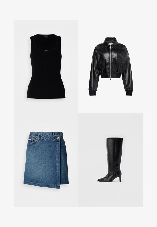 Veste bomber courte noire brillante avec fermeture éclair intégrale à l'avant, deux poches latérales, large col et poignets et ceinture côtelés.; Débardeur noir côtelé avec un décolleté carré, arborant un petit logo en accent au centre. Confectionné dans un matériau doux et texturé.; Jupe en denim bleu moyen avec un design en portefeuille, dotée d'une fermeture à bouton et à zip, et de coutures visibles le long de l'ourlet.; Bottes noires montantes en cuir lisse, avec un bout pointu et un talon fin, une tige ajustée et un design minimaliste.