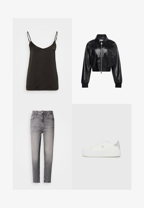 Veste bomber courte noire brillante avec fermeture éclair intégrale à l'avant, deux poches latérales, large col et poignets et ceinture côtelés.; Camisole en satin noir avec des bretelles spaghetti réglables, un décolleté en V et un design lisse et minimaliste. Pas de motifs ni de matériel visible.; Jean gris slim taille haute avec des détails délavés, fermeture à bouton sur le devant, passants de ceinture et design à cinq poches sur fond blanc.; Baskets en toile blanches avec une semelle blanche épaisse, présentant un accent argent métallique au niveau du talon et un subtil logo sur le côté.