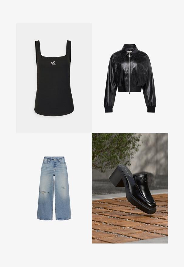 Sort skinnende cropped bomberjakke med fuld frontlynlås, to sidelommer, bred krave samt ribstrikkede ærmegab og taljebånd.; Sort ærmeløs ribbet tanktop med firkantet halsudskæring og lille hvidt CK-logo midt på brystet.; Lyseblå denimbukser med vide ben og slidte detaljer, herunder to revner foran, samt et design med fem lommer.; Sort læder Calvin Klein slip-on mule med blokhæl, der hviler på trætøj udendørs nær en grøn plante og en grå væg.