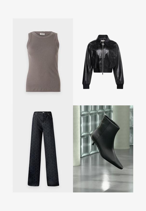 Veste bomber courte noire brillante avec fermeture éclair intégrale à l'avant, deux poches latérales, large col et poignets et ceinture côtelés.; Débardeur gris côtelé avec un col rond et un design sans manches, fabriqué à partir d'un tissu doux et texturé. Silhouette simple et ajustée.; Jean large bleu foncé avec un motif géométrique, en denim. Présente un bouton en métal, une fermeture éclair et des coutures de poches avant.; Bottine en cuir noir à bout pointu et petit talon kitten, présentée en angle devant un sol poli et un mur en blocs de verre.
