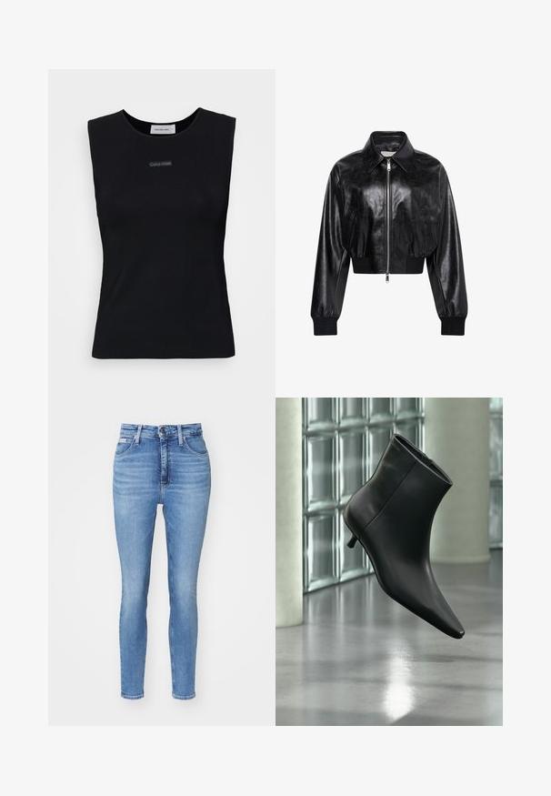 Veste bomber courte noire brillante avec fermeture éclair intégrale à l'avant, deux poches latérales, large col et poignets et ceinture côtelés.; Top sans manches noir en tissu lisse. Doté d'un col rond et d'un petit logo Calvin Klein au centre. Design simple et ajusté.; Jean skinny en denim bleu clair avec taille haute, doté d'une fermeture à bouton à l'avant, de cinq poches et d'un léger délavage le long des jambes.; Bottine en cuir noir à bout pointu et petit talon kitten, présentée en angle devant un sol poli et un mur en blocs de verre.