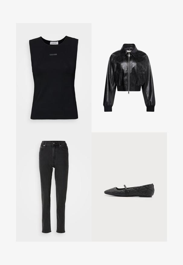 Veste bomber courte noire brillante avec fermeture éclair intégrale à l'avant, deux poches latérales, large col et poignets et ceinture côtelés.; Top sans manches noir en tissu lisse. Doté d'un col rond et d'un petit logo Calvin Klein au centre. Design simple et ajusté.; Jean en denim noir taille haute, coupe slim, équipé d'une fermeture à boutons, de passants pour ceinture et de surpiqûres contrastées. Texture lisse, sans motifs visibles.; Chaussure plate noire à bout pointu avec motifs géométriques matelassés et une fine bride sur le cou-de-pied sur fond uni.