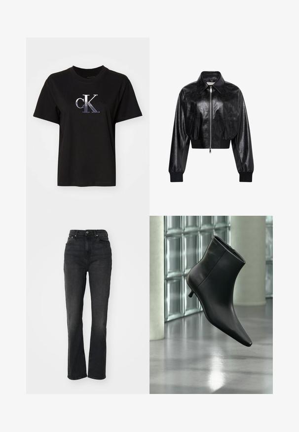Sort skinnende cropped bomberjakke med fuld frontlynlås, to sidelommer, bred krave samt ribstrikkede ærmegab og taljebånd.; Sort bomulds T-shirt med rund hals. Har et sølv broderet "cK" logo og teksten "Calvin Klein Jeans" under logoet. Korte ærmer.; Højtaljede sorte denim jeans med lige ben, fem-lomme design, frontlukning med knap og minimal syning.; Sort læderankelstøvle med spids tå og lav kitten-hæ, vist vinklet mod en poleret gulv- og glasblokvæg.