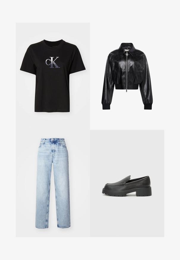 Chaqueta bomber corta negra brillante con cremallera completa en el frente, dos bolsillos laterales, cuello ancho y puños y cintura de punto elástico.; Camiseta de algodón negra con cuello redondo. Presenta un logo bordado en plata de "cK" y el texto "Calvin Klein Jeans" debajo del logo. Mangas cortas.; Jeans de tiro alto color azul claro con un corte holgado, que cuentan con piernas rectas, cinco bolsillos y un cierre clásico de botones y cremallera.; Mocasines de piel negra con punta redondeada, suela texturizada gruesa y mínimos detalles de costura. Diseño elegante sin cordones o herrajes visibles.
