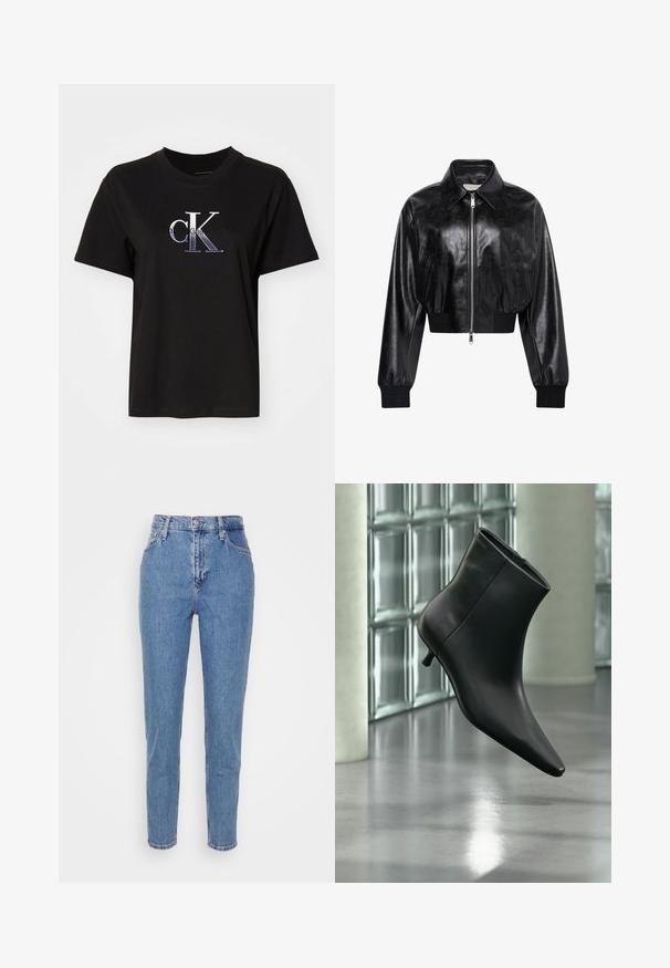 Sort skinnende cropped bomberjakke med fuld frontlynlås, to sidelommer, bred krave samt ribstrikkede ærmegab og taljebånd.; Sort bomulds T-shirt med rund hals. Har et sølv broderet "cK" logo og teksten "Calvin Klein Jeans" under logoet. Korte ærmer.; Blå højtaljede lige jeans med frontknap og lynlås, bæltestropper og lommer, præsenteret på en ensfarvet hvid baggrund.; Sort læderankelstøvle med spids tå og lav kitten-hæ, vist vinklet mod en poleret gulv- og glasblokvæg.