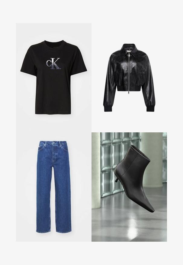 Sort skinnende cropped bomberjakke med fuld frontlynlås, to sidelommer, bred krave samt ribstrikkede ærmegab og taljebånd.; Sort bomulds T-shirt med rund hals. Har et sølv broderet "cK" logo og teksten "Calvin Klein Jeans" under logoet. Korte ærmer.; Blå denim bred-benede jeans med høj talje, med lynlås og knaplukning, bæltestropper og subtilt falmet detaljer på stoffet.; Sort læderankelstøvle med spids tå og lille hæl vist mod en væg af glasblokke og poleret gulv baggrund.