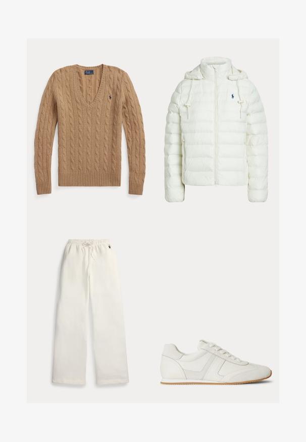 Hvid quiltet hættetrøje med frontlynlås, justerbare snore, sidelommer og lille mørkt logo på brystet.; Kamelbrun kabelstrikket V-hals sweater med lange ærmer og lille broderet Polo Ralph Lauren-logo på brystet.; Hvide sweatpants med brede ben, elastisk talje, snøre, sidelommer og lille mørkeblå logo nær den højre lomme.; Hvid lavtop sneaker med snørelukning foran, ruskind- og læderpaneler og en lysebrun gummisål på en hvid baggrund.