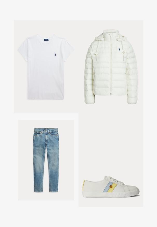 Veste blanche matelassée à capuche avec fermeture éclair frontale, cordons ajustables, poches latérales et petit logo sombre sur la poitrine.; T-shirt blanc à manches courtes et col rond avec un petit logo Polo Ralph Lauren bleu marine sur la poitrine gauche.; Jean slim fit bleu clair avec cinq poches et fermeture par bouton, posé à plat sur fond blanc.; Baskets blanches basses avec des bandes latérales bleues et jaunes et un petit détail de logo doré, dotées de lacets blancs et d'une semelle en caoutchouc texturée.